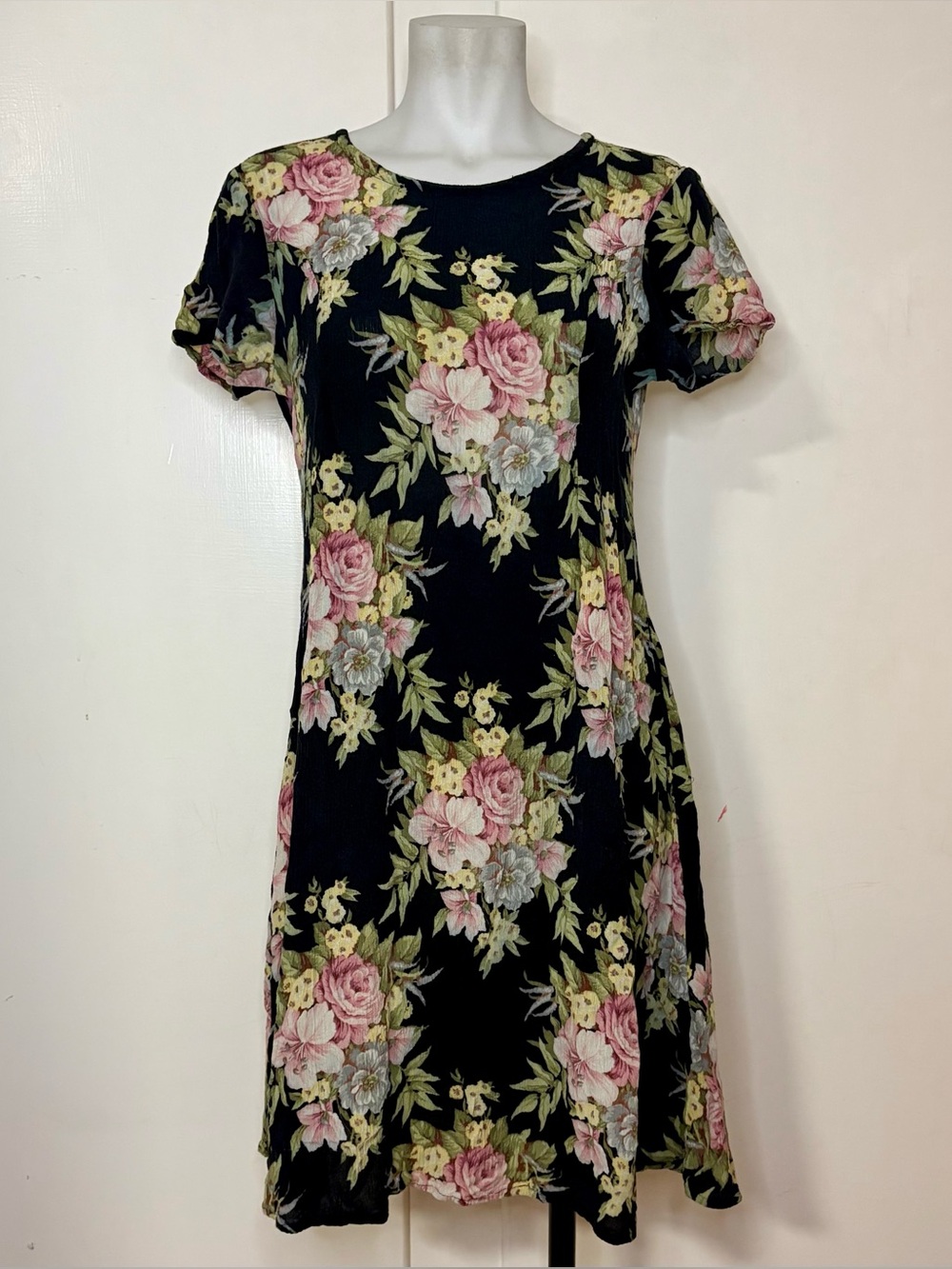 Vintage 90s Black Floral Short Sleeve A Line Mini Dress